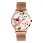 TIMEX TW2U19000 Rose gold Timex watch featuring a floral design with a pink rose and butterfly on a white background, complemented by a mesh strap.